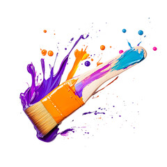 Wall Mural - A paintbrush covered in vibrant paints with splatters against a stark black background in a studio shot
