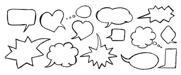 Poster - Cartoon black speech bubbles with rough crayon texture and graffiti style. Abstract charcoal panel set for message or word board. Isolated kindergarten speak arrow with round grunge effect. Vector