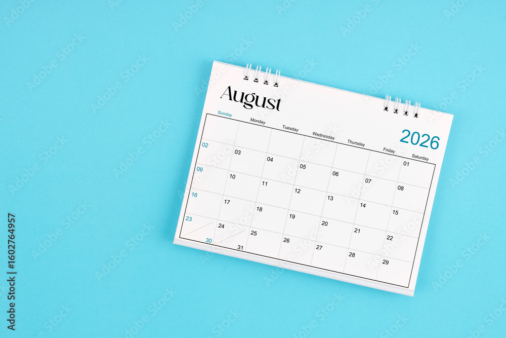 August 2026 Monthly desk calendar for 2026 year on blue color ...