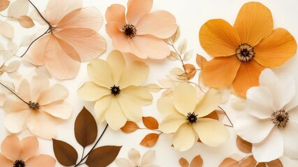 Wall Mural - Pressed autumn flowers in golden yellow tones against white background. Perfect for botanical art and seasonal design projects.