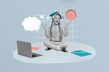 Poster - Full 3d artwork trend collage of happy girl sit laptop e-learning device home work time notepad back to school education