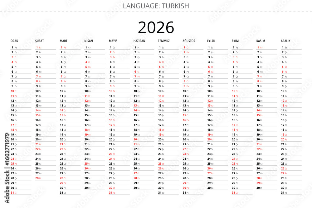 Simple 2026 turkish calendar planner with minimalist design Turkey ...