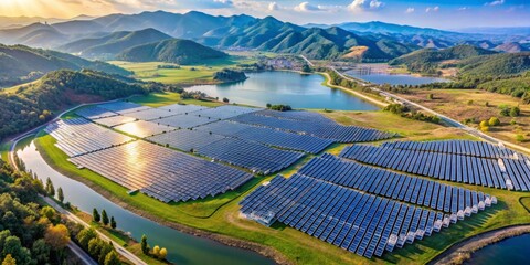 Vast Solar Farm Array Nestled in a Picturesque Valley Beside Serene Waters