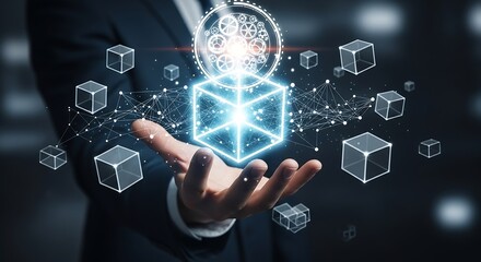 Futuristic technology concept: Man holding a luminous cube surrounded by network connections and gears, visualizing digital innovation and blockchain technology.