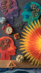 Poster - Collage of textured paper head silhouettes, gears, clock, and paper sun, creating a concept of internal workings of mind and time