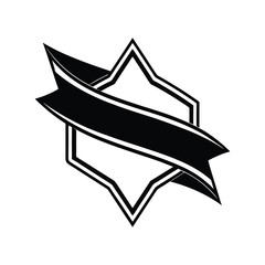Poster - Monochrome Shield Badge Vector Icon with Ribbon Banner for Logo Design and Insignia on White Background