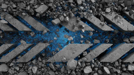 Poster - Grey concrete fragments, broken apart, revealing glowing blue substance. Symbolizes destruction, breakthrough, or technological innovation