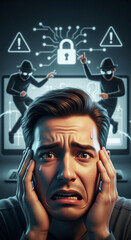 Aufkleber - Stressed man's face, hands covering his cheeks,  reflecting anxiety about cyber security threat shown on laptop screen with hackers stealing data, symbolizing online safety concerns