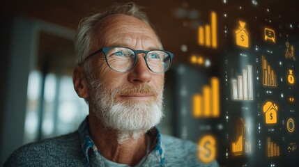 Poster - Senior man with a thoughtful look observing floating infographics with investment risk ratings, bar graphs, and money bag icons surrounded by natural lighting