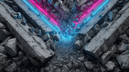 Aufkleber - Cracked concrete ground with glowing blue and pink neon lines, creating a dramatic and futuristic scene Suitable for tech or gaming backgrounds
