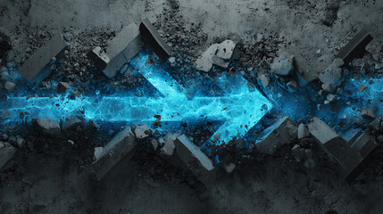 Aufkleber - Glowing blue arrow breaking through cracked gray stone, symbolizing progress, breakthrough, or overcoming obstacles.  Suitable for technology or power concepts.