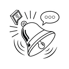 Poster - Outline Notification Bell Vector Alert Icon with Message Bubble and Sound Waves on White Background for UI Design