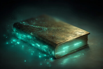 Poster - Old book with glowing turquoise lines, surrounded by sparkling particles, lying on a dark surface, symbolizing magic, mystery, or knowledge
