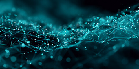 Poster - Abstract teal network, glowing points connected by lines, creating a wave-like pattern on dark background, symbolizing connection, technology, and innovation