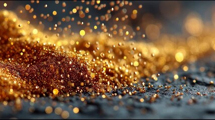 Poster - Golden glitter particles sparkle and float softly over dark surface with warm glowing sparkle particles floating creating magical