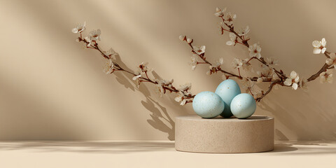 Aufkleber - Three speckled light-blue eggs rest on a beige pedestal, adorned with a blossoming branch, creating a spring or Easter scene suitable for cards, banners, or websites