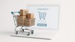 © Nart - A shopping cart filled with cardboard boxes sits on a laptop keyboard. The screen displays a checkout page with a shopping cart icon and a buy now button.