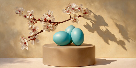 Poster - Pastel-colored eggs rest on beige pedestal, adorned with blossoming branch, creating spring-themed composition, showcasing serene and delicate aesthetic, ideal for Easter or spring celebrations