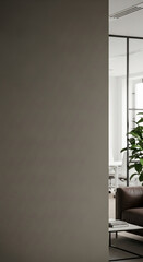 Poster - Large taupe wall, partially obscuring view of modern office space with leather couch and books, suggesting calmness and professionalism, ideal for minimalist designs