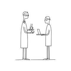 Fototapete - Man offering coffee to another man holding a laptop in a simple black and white line drawing style image