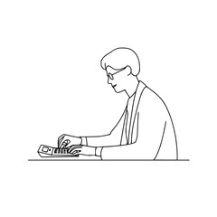 Fototapete - A person with glasses and a suit is using a calculator on a desk in a simple line drawing style image