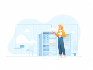 Poster - Data center worker. Woman stands near server racks. Hosting, tech support. Ideal for illustrating cloud computing, IT services,  network infrastructure concepts.
