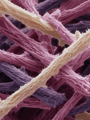 Poster - Abstract closeup of interwoven textured strands in shades of pink, purple,  beige. Ideal for science, technology, or medical concepts unique background.