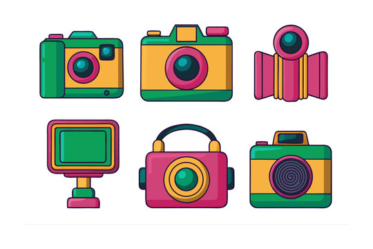 A vibrant collection of six stylized retro cameras and photographic equipment rendered in a playful colorful cartoon aesthetic