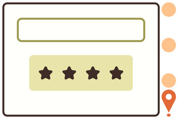 Poster - Search bar above four-star rating display with a location pin and color-coded circles. Ideal for reviews, ratings, navigation, feedback, service quality, ranking, user experience. Simple flat