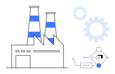 Poster - Industrial building with smokestacks, connected automation diagram, and gears representing manufacturing and technology integration. Ideal for industry, automation, innovation, production