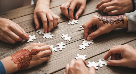 Poster - Multiple hands with henna assemble white puzzle pieces on wooden table, symbolizing teamwork, collaboration, and problem-solving