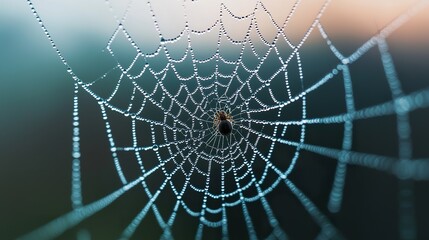 Macro photography of a dew-covered spider web with a trapped insect, dramatic