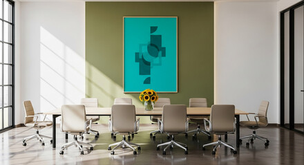 Poster - Modern office interior with beige chairs around a conference table, a teal abstract artwork on a green wall, and sunflowers in a vase. Showcase of a professional meeting space design