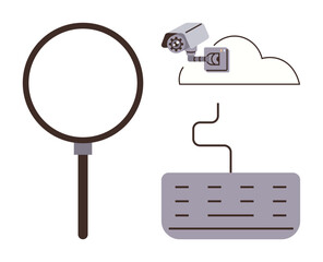 Poster - Magnifying glass, surveillance camera, cloud illustration, and binary code connection symbolizing digital security, surveillance, data analysis, privacy, cybersecurity, technology cloud computing