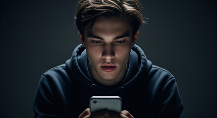 Poster - Young man in dark hoodie, intensely focused on smartphone screen, low-lit setting, conveying concentration or preoccupation, suitable for technology, social media, or communication themes