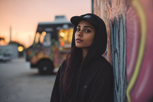 A Middle Eastern teen wearing modern streetwear, leaning against a graffiti wall at dusk, with soft ambient light from a food truck in the background