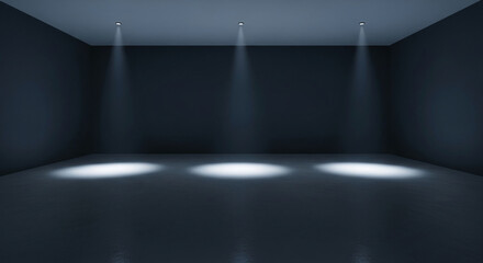 Poster - Dark room with three spotlights illuminating the floor, creating a minimalist showcase ideal for product display or presentations, suggesting mystery and elegance