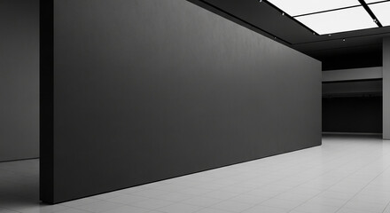 Poster - Large dark gray wall in a minimalist gallery, showcasing blank space ideal for art display or advertisement Mockup, clean lines, simple background