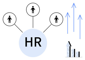 Poster - HR hub linked to three employees, upward arrows and bar graph reflecting growth and progress. Ideal for workforce management, teamwork, hiring, productivity, analytics, career development, simple