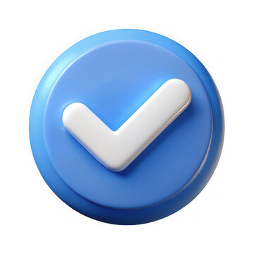 A 3d rendered blue circular button featuring a prominent white checkmark symbol isolated on transparent background
