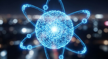 Poster - Glowing blue atom model against blurred city lights background, representing science, technology, innovation, and energy