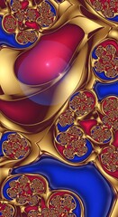 Poster - Intricate fractal art featuring gold accents with red and blue shades abstract design