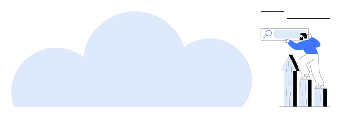 Poster - Person standing atop a bar graph holding a magnifier, large cloud element. Ideal for growth, analysis, success, innovation, strategy, vision potential. Clean and simple flat metaphor