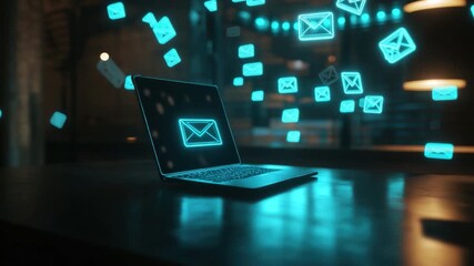 Poster - Digital Laptop with Floating Email Icons in a Modern Workspace Environment at Night 4k video footage