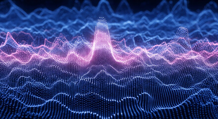 Poster - Abstract digital landscape with blue and pink glowing particles, creating a wavy, dynamic texture suitable for technology, data visualization or science fiction concepts