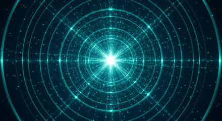 Poster - Abstract teal concentric circles radiating from bright center, creating a dynamic and energetic visual, symbolic of technology, innovation, or cosmic energy