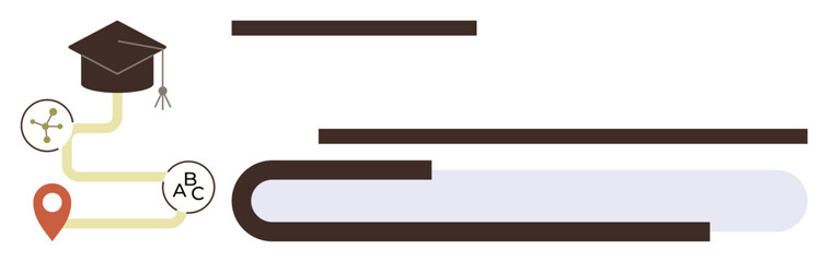 Poster - Graduation cap at the end of a pathway intersecting concepts thumbs up knowledge sharing, learning steps, and location pin. Ideal for education, e-learning, academic goals, achievement, personal