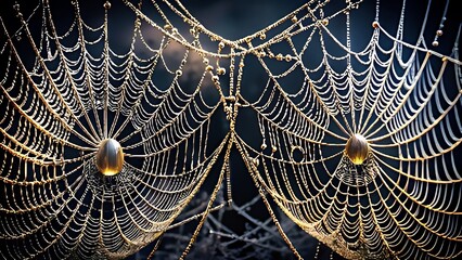 An intricate spiderweb covered in glistening dew drops catches the light creating a delicate and detailed natural pattern