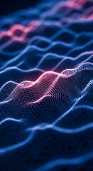 Poster - Abstract blue and pink wave texture, composed of tiny particles, creating a dynamic and flowing visual effect, symbolizing technology, data, or energy
