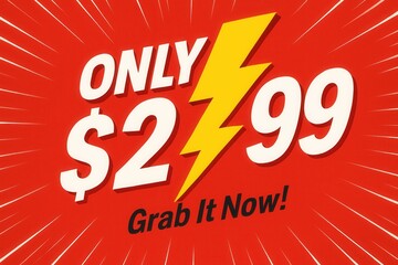 Leinwandbilder - Bold red promotional graphic featuring a lightning bolt and text emphasizing a special price of only $2.99, encouraging immediate purchase with 